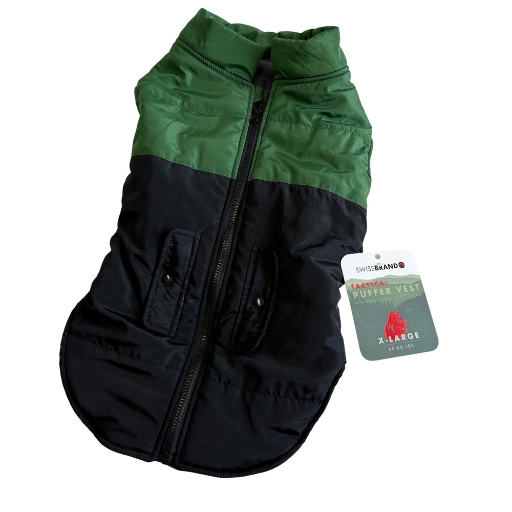 Swissbrand Dog Puffer Vest XL Green Black Fleece Lined Tactical Harness